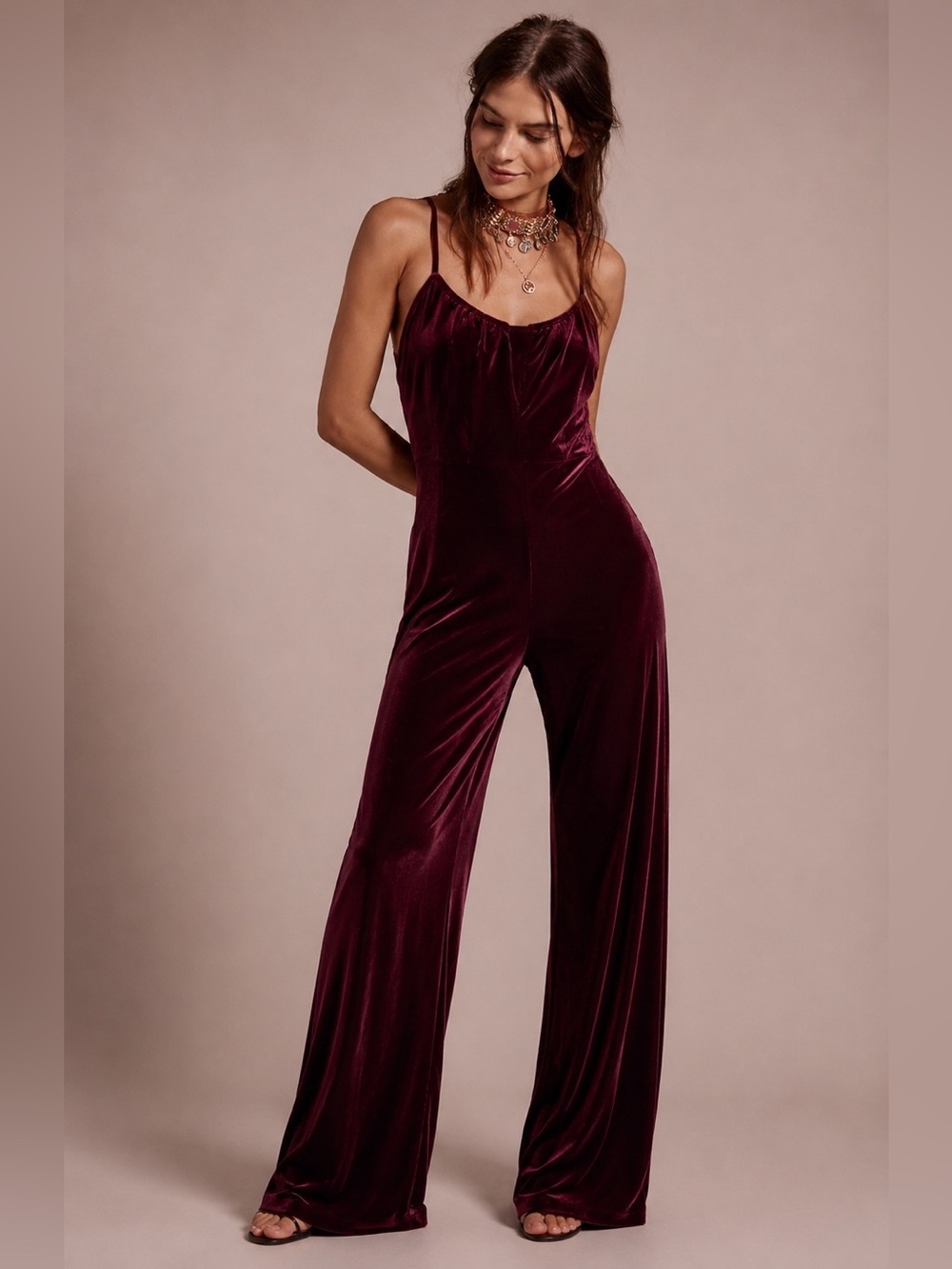 Vintage Y2K Dark Red Velvet Jumpsuit Open Back Stretchy 90s Romper